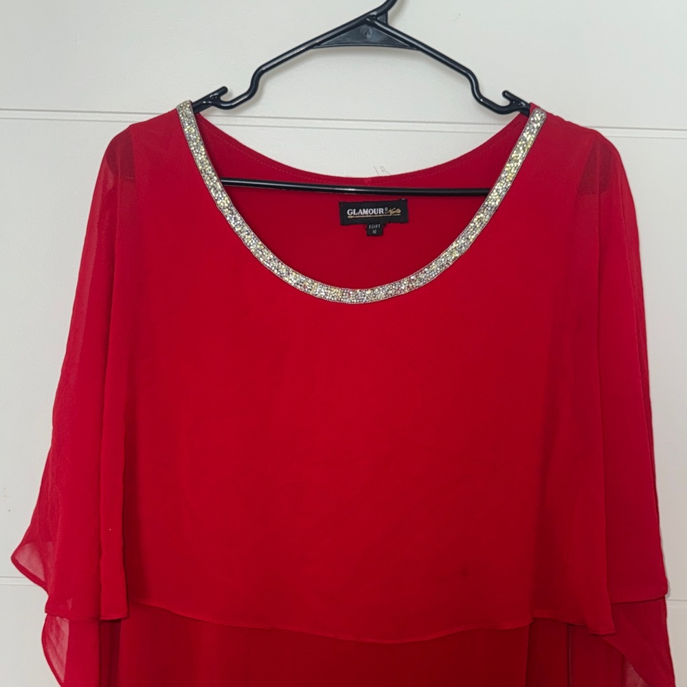 Glamour Red Chiffon Overlay Top with Rhinestone Neckline